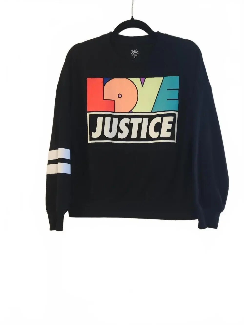 Justice Girls Black 'Love Justice' Long Sleeve Crewneck Sweatshirt Size Large